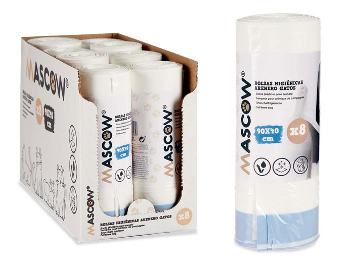 Mascow Bolsa Higienica Arenero Gatos 90x40 cm 8uds Plastico Polietileno Blanco Con Autocierre Tricapa (Set de 8)