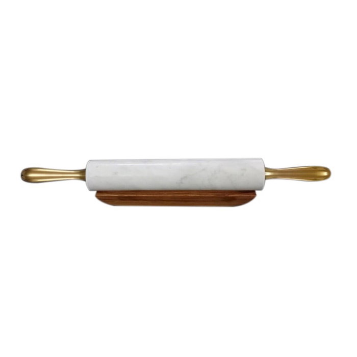 DKD Home Decor Rodillo de Mármol y Acacia Blanco y Dorado 45x5,5x8 cm