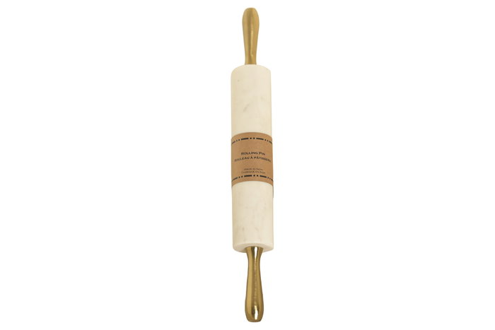 DKD Home Decor Rodillo de Mármol y Acacia Blanco y Dorado 45x5,5x8 cm