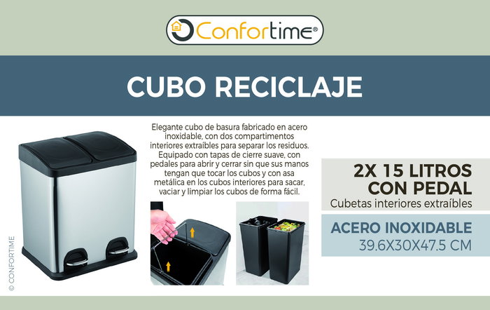 Confortime Cubo Reciclaje con Pedal 2x15L - 36x41x47.5 cm