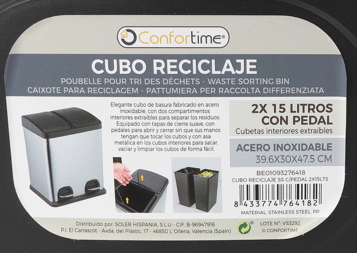 Confortime Cubo Reciclaje con Pedal 2x15L - 36x41x47.5 cm