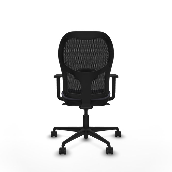 Silla de oficina Jorquera con mecanismo Sincro tapizada con Tela color Gris oscuro y malla color Negro. Equipada con lumbar 1D, Brazos 1D y Ruedas 65mm nailon