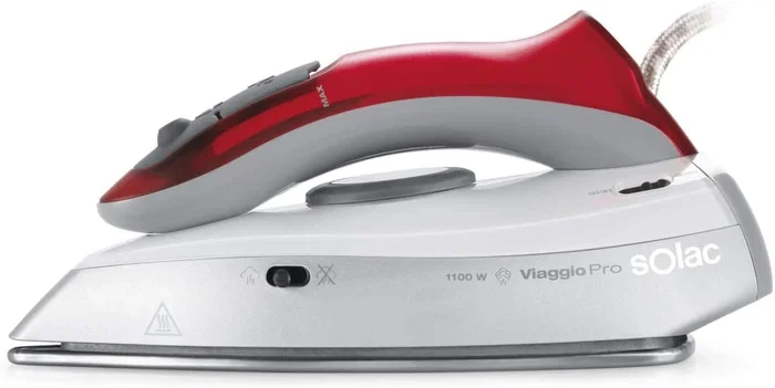Solac Viaggio Pro Plancha de Vapor 1100W, Suela Acero Inoxidable, Golpe Vapor 45g/min, Vapor Vertical, Incluye Vaso, Gris/Rojo
