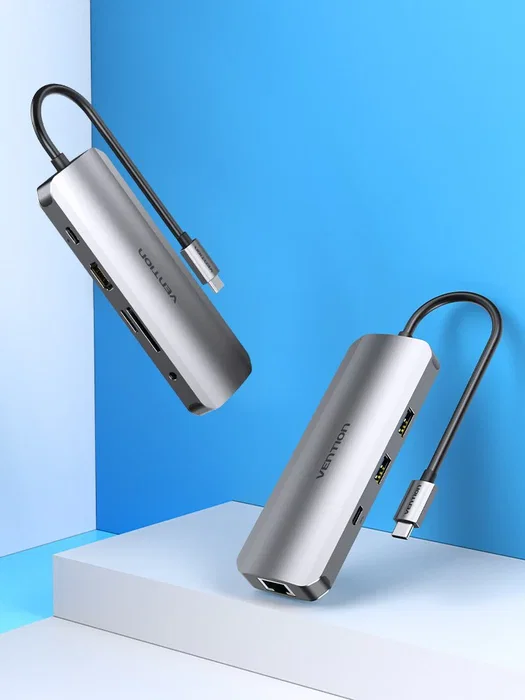 Vention TOMHB Base Docking USB-C con HDMI, 4K, 2xUSB 3.1, PD 100W, RJ45 Gigabit, Lector SD/MicroSD, Jack 3.5mm, Color Plata