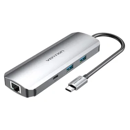 Vention TOMHB Base Docking USB-C con HDMI, 4K, 2xUSB 3.1, PD 100W, RJ45 Gigabit, Lector SD/MicroSD, Jack 3.5mm, Color Plata