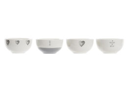 DKD Home Decor Set de 12 Cuencos de Porcelana New Bone Corazones Gris Surtido de 4