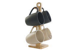 DKD Home Decor Set de 4 tazas de gres y rubberwood Beige y Gris oscuro Lianfeng 21