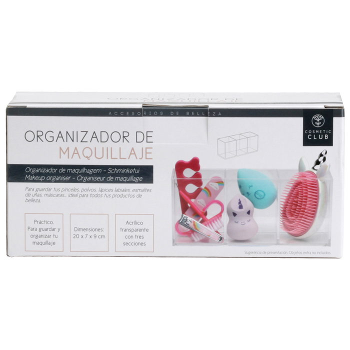 Cosmetic Club Organizador de Maquillaje Transparente con 3 Compartimentos, Ideal para Belleza y Oficina, Medidas 20x7x9 cm