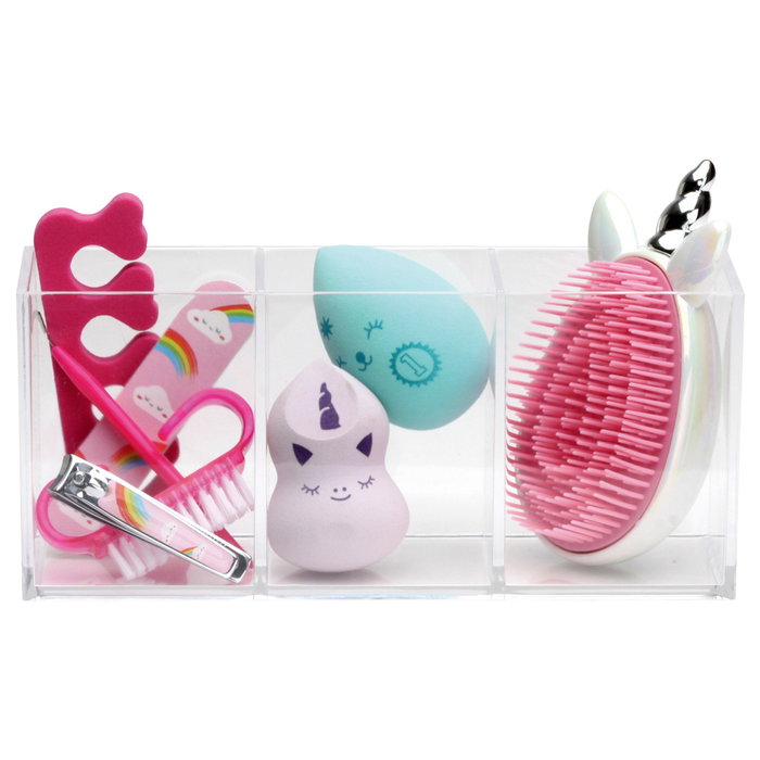 Cosmetic Club Organizador de Maquillaje Transparente con 3 Compartimentos, Ideal para Belleza y Oficina, Medidas 20x7x9 cm