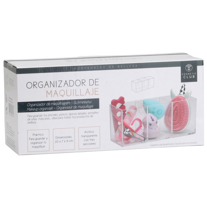 Cosmetic Club Organizador de Maquillaje Transparente con 3 Compartimentos, Ideal para Belleza y Oficina, Medidas 20x7x9 cm