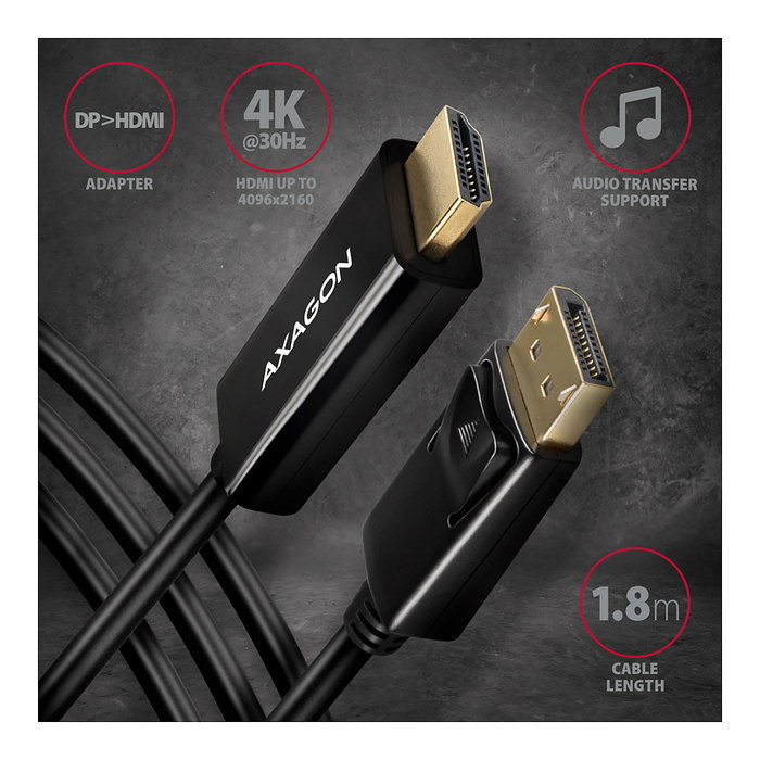 Axagon RVD-HI14C2 Adaptador DisplayPort a HDMI, 4K/30 Hz, 180 cm, negro