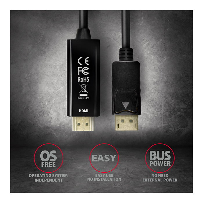 Axagon RVD-HI14C2 Adaptador DisplayPort a HDMI, 4K/30 Hz, 180 cm, negro