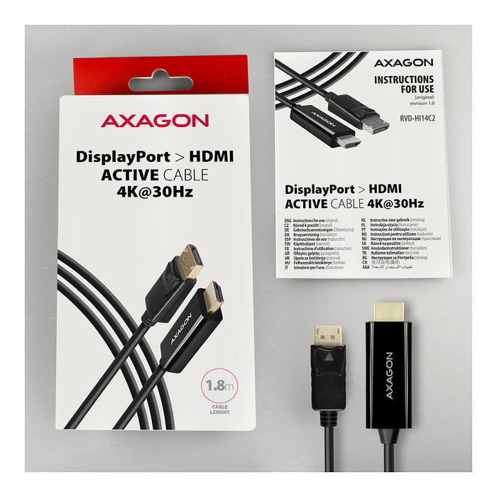 Axagon RVD-HI14C2 Adaptador DisplayPort a HDMI, 4K/30 Hz, 180 cm, negro