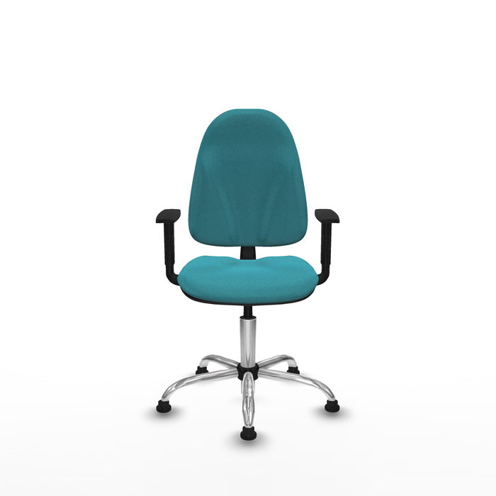 Silla de oficina Algarra con mecanismo Contacto permanente básico tapizada con Tela color Turquesa. Equipada con Base cromada, Brazos 1Dy Topes