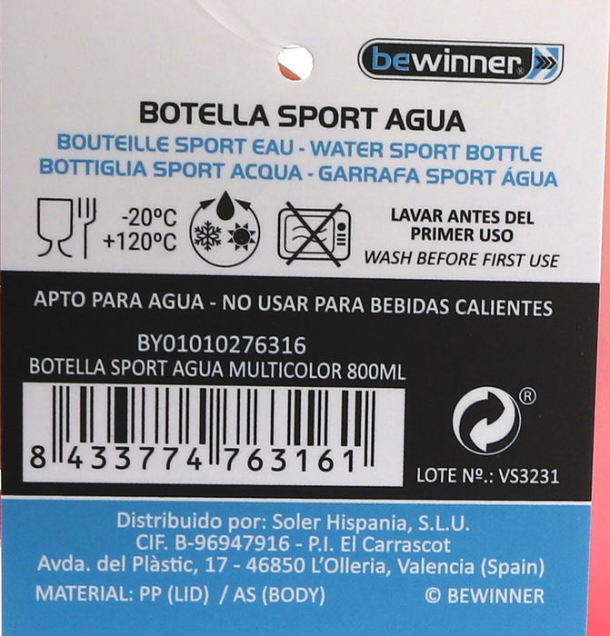 Bewinner Botella Sport Agua Multicolor 800ml (12 Unidades)