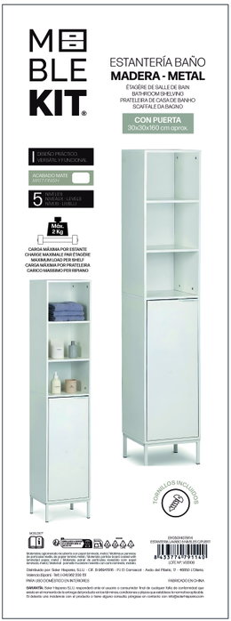 Inde Estantería Lavabo 5 Niveles con Puertas Moblekit, Mueble de Baño, Dimensiones: 30 x 30 x 160 cm, Espesor 12 mm