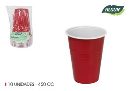 Algon Set de 10 Vasos Bicolor Rojo y Blanco, 450 ml, Dimensiones: 9.3 cm de Ancho x 12 cm de Alto (18 Unidades)