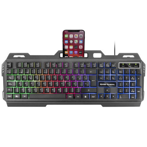 Mars Gaming MK120PT Teclado Gaming FRGB Aluminio Antighosting Soporte Smartphone Gris y Negro Idioma Portugués