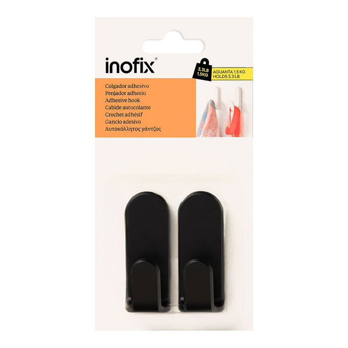 Inofix Taga Colgador Adhesivo Negro para Pared, Soporte con Adhesivo Fuerte, Pack de 2 Unidades, Carga Máxima 1.5kg