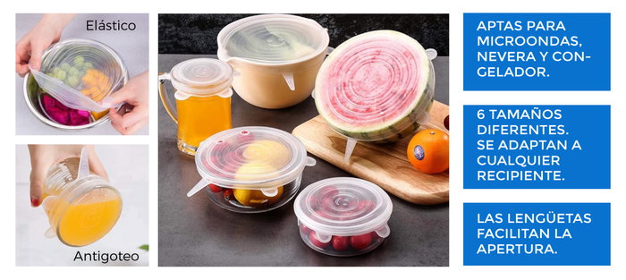 Quttin Set de 6 Tapas de Silicona Adaptables 25 cm Ancho x 26 cm Largo x 2 cm Alto (12 Unidades)