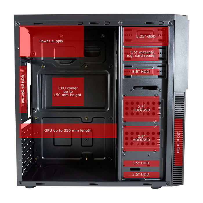 LC-Power 7041B-ON Torre Midi ATX PC Gaming, Negro, 1xUSB-C, Gestión de Cables, 7 Ranuras, Compatible con Tarjeta Gráfica 35 cm