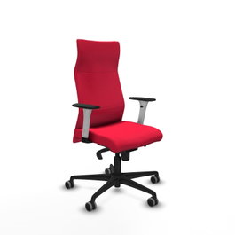 Sillón Albacete con mecanismo Sincro tapizada con Tela color Rojo. Equipado con Base nailon negra, Brazos 1D y Ruedas 65 mm parqué