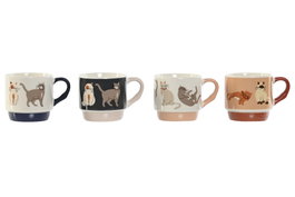 DKD Home Decor Juego de 4 tazas de porcelana Gatitos Multicolor 300ml