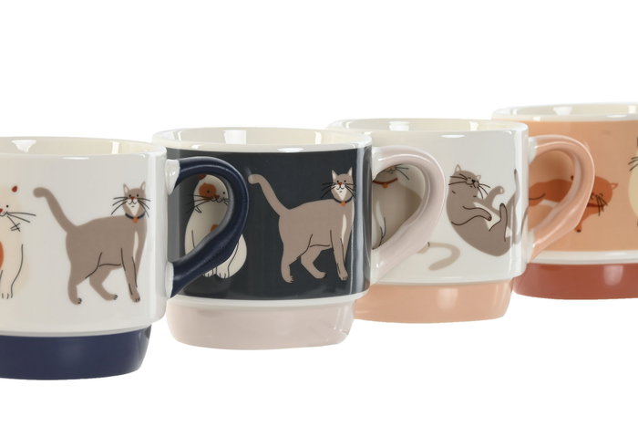 DKD Home Decor Juego de 4 tazas de porcelana Gatitos Multicolor 300ml