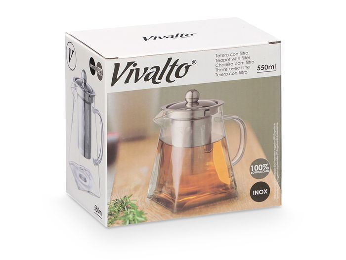 Vivalto Tetera con Asa y Filtro de Acero Inoxidable, 550 ml, Vidrio y Metal, 13.4x12.5x8.5 cm (Set de 12)