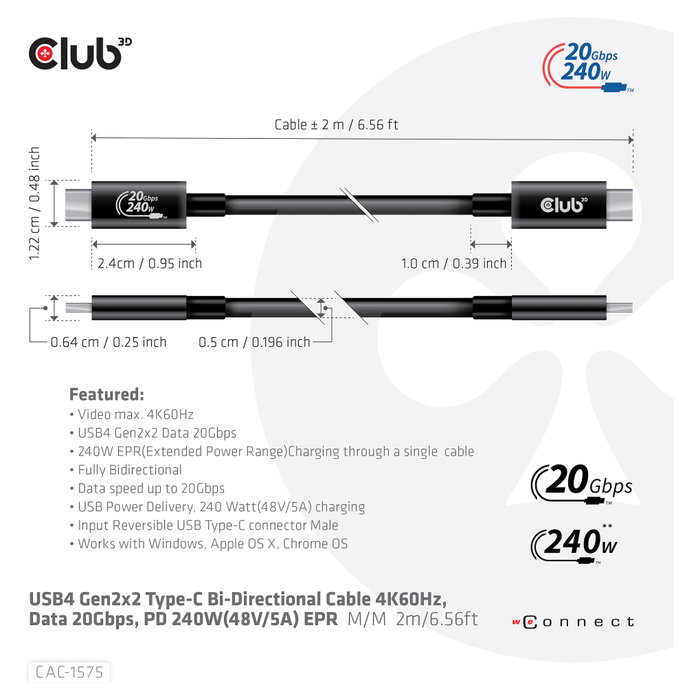 Club3D Cable USB 4 USB-C PD 240W 20 Gbit/s 2m Negro CAC-1575