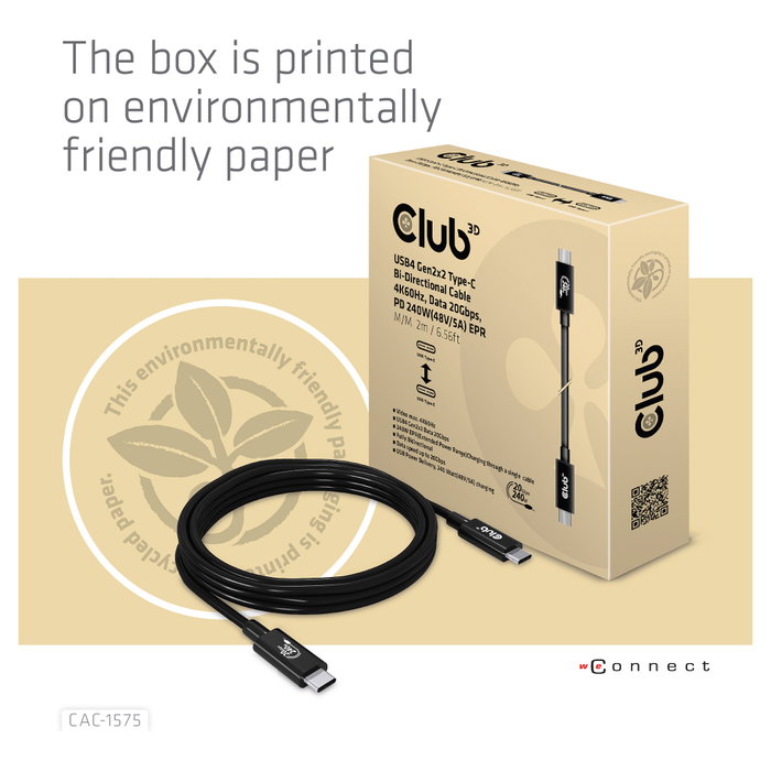Club3D Cable USB 4 USB-C PD 240W 20 Gbit/s 2m Negro CAC-1575