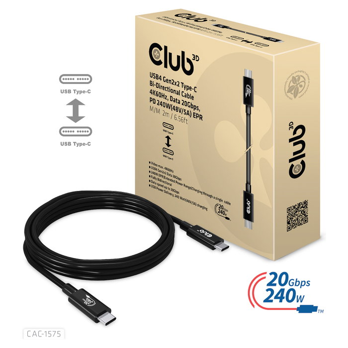 Club3D Cable USB 4 USB-C PD 240W 20 Gbit/s 2m Negro CAC-1575