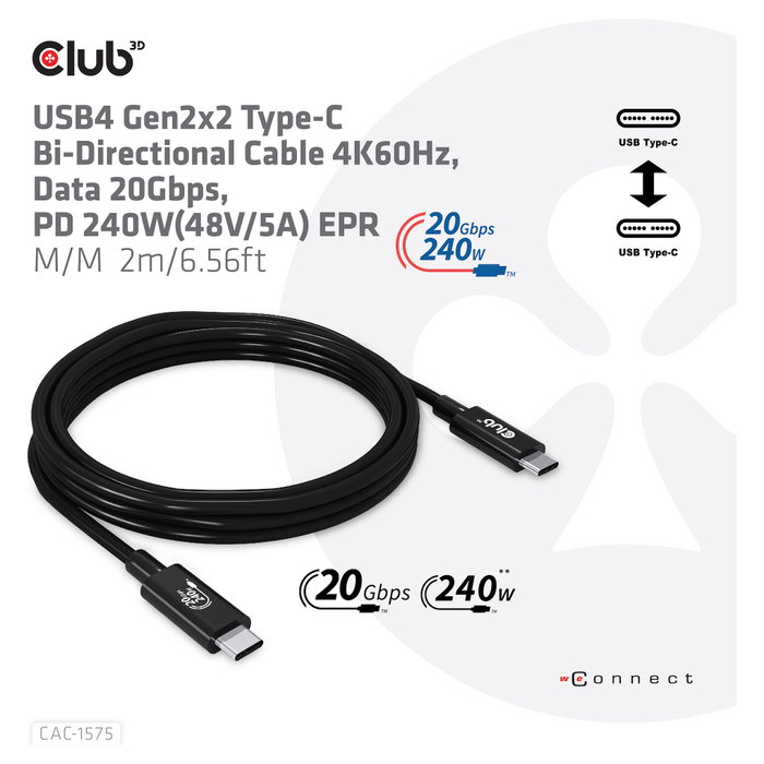Club3D Cable USB 4 USB-C PD 240W 20 Gbit/s 2m Negro CAC-1575