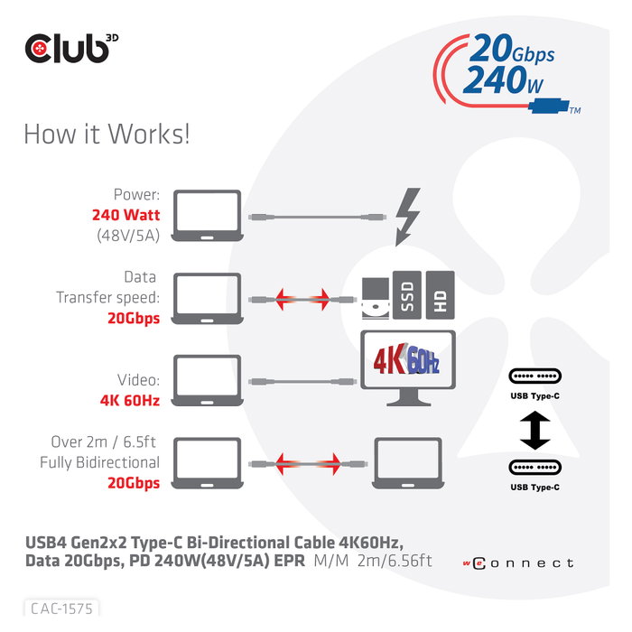 Club3D Cable USB 4 USB-C PD 240W 20 Gbit/s 2m Negro CAC-1575