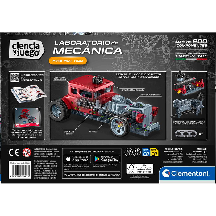 Clementoni Fire Hot Rod Mecánico Kit de Construcción 55664 - Juguete STEM con Ruedas Direccionales y Pistones para Niños +8 Años