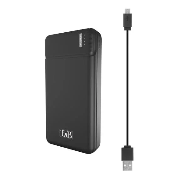 T'nB PBU20000 Power Bank Externo 20000 mAh Batería de Polímero con Carga Rápida, 2 Puertos USB, Color Negro - Incluye Cable USB-C