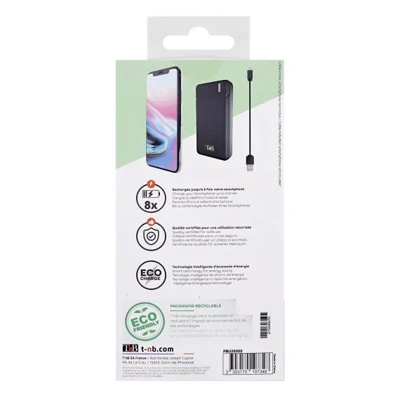 T'nB PBU20000 Power Bank Externo 20000 mAh Batería de Polímero con Carga Rápida, 2 Puertos USB, Color Negro - Incluye Cable USB-C