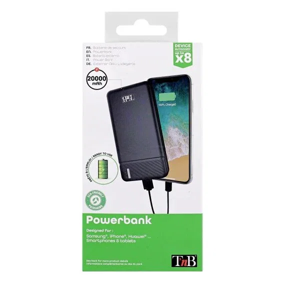 T'nB PBU20000 Power Bank Externo 20000 mAh Batería de Polímero con Carga Rápida, 2 Puertos USB, Color Negro - Incluye Cable USB-C