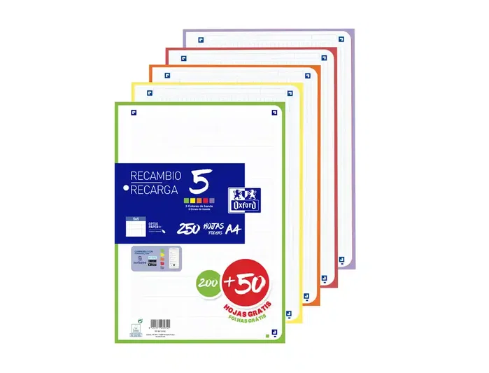 Oxford Recambio de Hojas A4 Cuadriculado 5x5mm 250 Hojas 4 Taladros