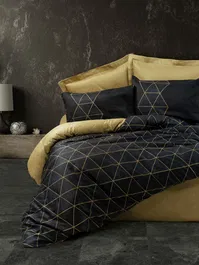 Aucune Juego de Cama AUC8683743798711 - Funda Nórdica 140 x 200 cm + Funda de Almohada 60 x 60 cm - 100% Algodón Reforzado - Estampado Gráfico Negro/Dorado