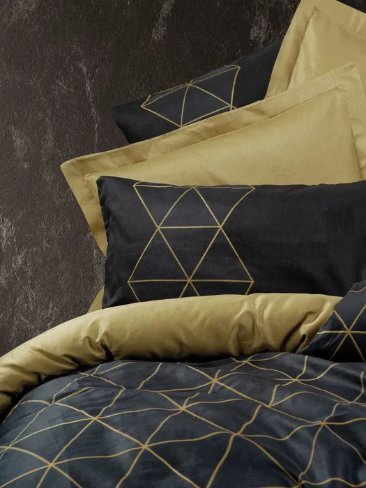 Aucune Juego de Cama AUC8683743798711 - Funda Nórdica 140 x 200 cm + Funda de Almohada 60 x 60 cm - 100% Algodón Reforzado - Estampado Gráfico Negro/Dorado