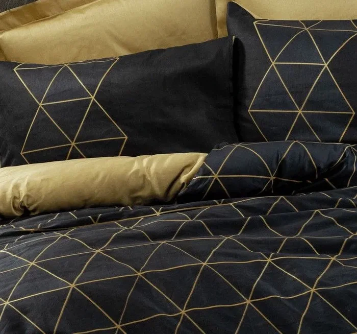 Aucune Juego de Cama AUC8683743798711 - Funda Nórdica 140 x 200 cm + Funda de Almohada 60 x 60 cm - 100% Algodón Reforzado - Estampado Gráfico Negro/Dorado