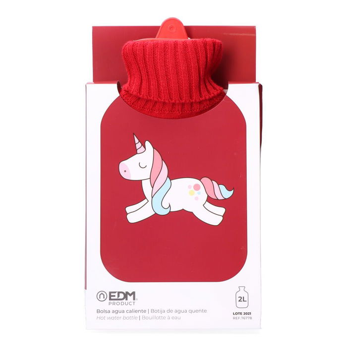 Edm Bolsa de Agua Caliente 2L Modelo Unicornio Roja con Funda de Lana