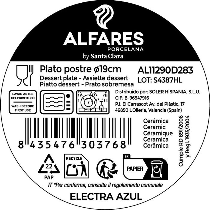 Alfares Plato de Postre Azul Electra 19cm