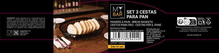 Inde Set 3 Cestas Pan Oval Pp 24x14x4 cm, 18g, 2.38 kg (24 Unidades)