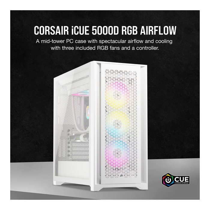 Corsair iCUE 5000D RGB Airflow Torre Media Blanca ATX con Ventana de Vidrio Templado para Gaming, Control de Ventiladores y RGB Corsair iCUE 5000D RGB Airflow Torre Media Blanca ATX con Ventana de Vidrio Templado para Gaming, Control de Ventiladores y RGB