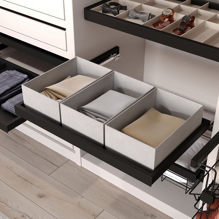 Emuca Kit de bandeja, 2 cestos organizadores y bastidor de guías con cierre suave para armarios, regulable, módulo 800mm, Negro texturizado