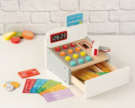 Juguete Caja Registradora en Madera para Niños +3 Años con Cajón, Lector de Barras, Tarjetas y Dinero