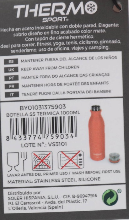 Thermosport Botella Térmica de Acero Inoxidable 1000 ml (31.5 cm alto) ideal para Deportes (6 Unidades)