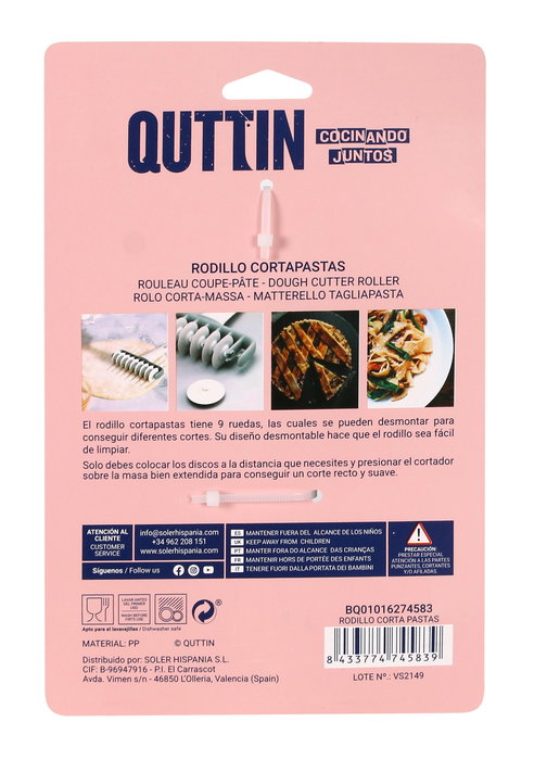 Quttin Rodillo Corta Pastas 17 x 13.5 x 4 cm (12 Unidades)